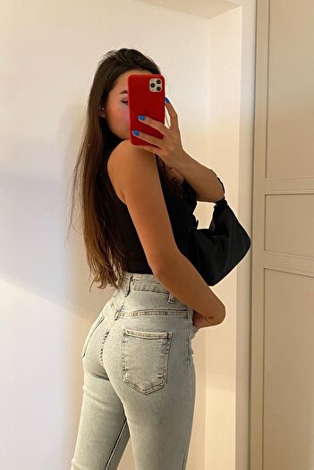 MAKRAS EXCLUSIVE Lisa Julia 90's Dámské Vysoký pas Světle modrá Lycra Přední Rozparek Džínové kalhoty Džíny