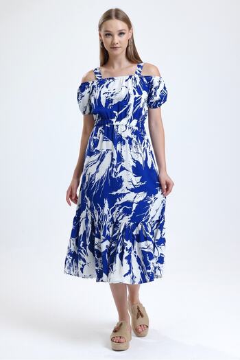 MD trend Women's Sax Strap Shoulder Low-cut Waist Gathered Patterned Summer Linen Dress
