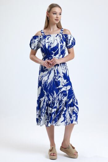 MD trend Women's Sax Strap Shoulder Low-cut Waist Gathered Patterned Summer Linen Dress