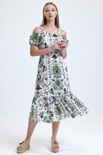 MD trend Women's Green Strappy, Off-the-Shoulder, Waist Gathered Patterned Summer Linen Dress