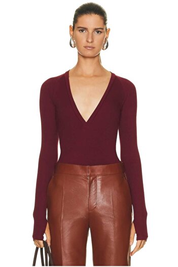 Zagrep Women's Burgundy Finger Snap Placket V Neck Silk Jersey Bodysuit