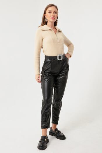 Lafaba Women's Black Snap Leather Trousers