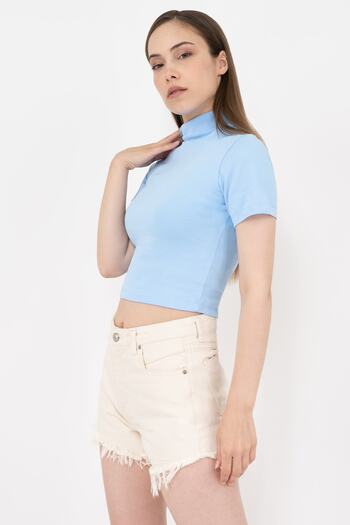 Soyo Women's Light Blue Cotton Turtleneck Short Sleeve Blouse