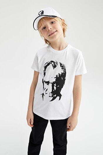 DeFacto Tricou alb cu mânecă scurtă din bumbac pieptănat cu imprimeu Ataturk pentru băieți W9131a622sp