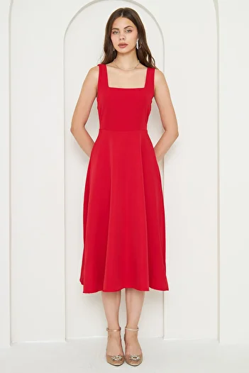 vuvutasarım Atlas Fabric Square Neck Midi Length Flared Cut Red Evening Dress Graduation Dress 151