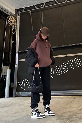 vladivosto 2 Iplik Büyük Beden Jogger Gri / Siyah Kadın Yüksek Bel Yazlık Oversize Eşofman Altı Battal Kalıp
