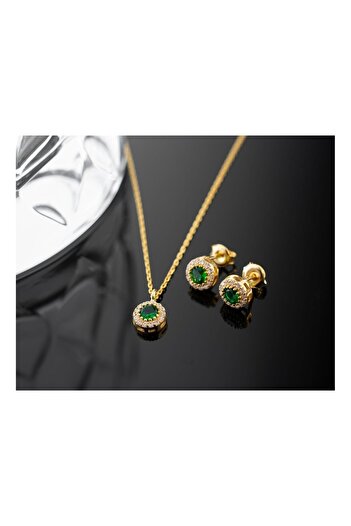 Şimal Silver 925 Ayar Gümüş Mayıs Ayı Doğum Taşı ( Emerald ) Kolye - Küpe Seti