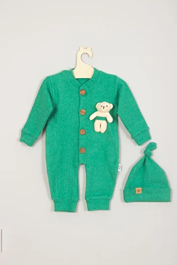 ADABEBEK 100% Cotton Wooden Buttoned Teddy Bear Baby Rompers with Corded Style Hat