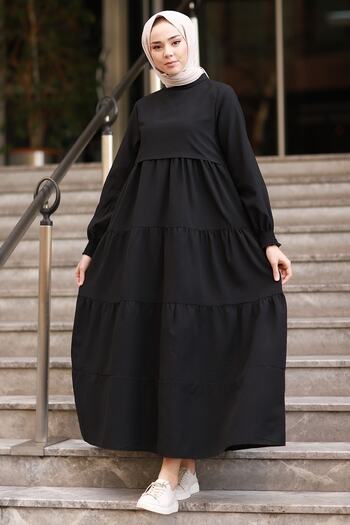 InStyle Single Layer Detailed Casual Hijab Dress - Black