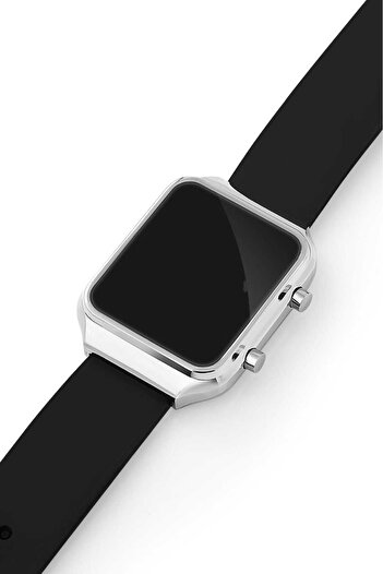 ÇENÇEN Unisex Siyah Silikon Dijital Dikdörtgen Model Beyaz Led Kol Saati
