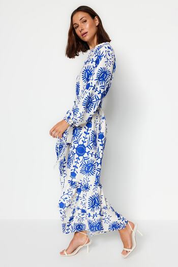 Trendyol Modest Φόρεμα με φλοράλ υφαντό μπλε φύλλο TCTAW24EB00113