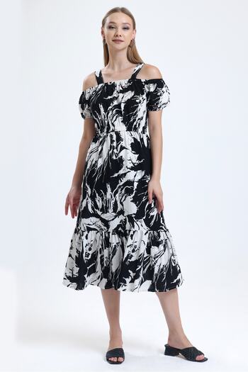MD trend Women's Black Strapless Off-the-Shoulder Waist Gathered Patterned Summer Linen Dress