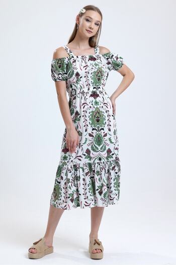 MD trend Women's Green Strappy, Off-the-Shoulder, Waist Gathered Patterned Summer Linen Dress