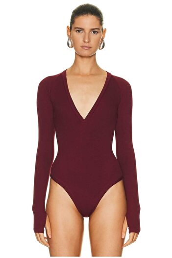 Zagrep Women's Burgundy Finger Snap Placket V Neck Silk Jersey Bodysuit