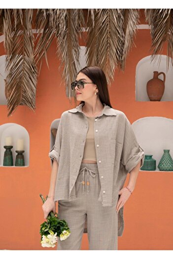 Laluvia Gray Low Sleeve Oversize Muslin Shirt
