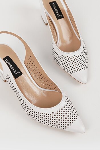 TUNAELLİ WOMEN'S WHITE GENUINE NATURAL LEATHER HEEL SHOES, NUMBER 35-40