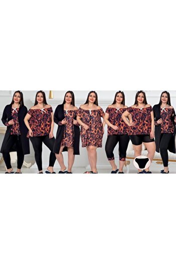 JENİKA Women's Large Size 7-Piece Nightgown Set with Dressing Gown