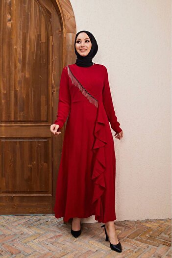 Neşeli Butik women chain detailed imported fabric islamic dress SMS029