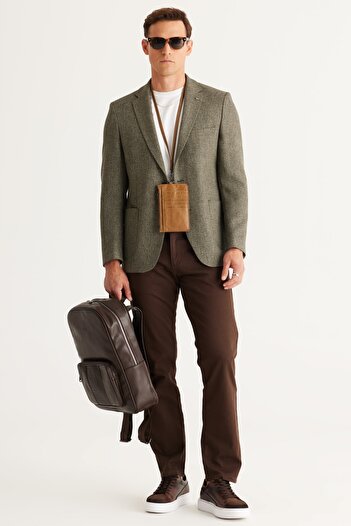 ALTINYILDIZ CLASSICS Men's Khaki Slim Fit Slim Fit Mono Collar Patterned Blazer Jacket