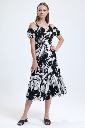 MD trend Women's Black Strapless Off-the-Shoulder Waist Gathered Patterned Summer Linen Dress