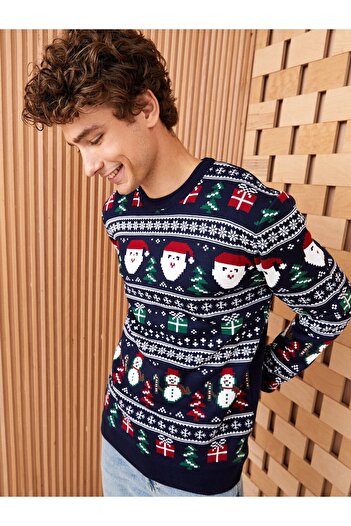 LC Waikiki Crew Neck hosszú ujjú újévi témájú férfi kötöttáru pulóver