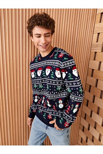 LC Waikiki Crew Neck hosszú ujjú újévi témájú férfi kötöttáru pulóver