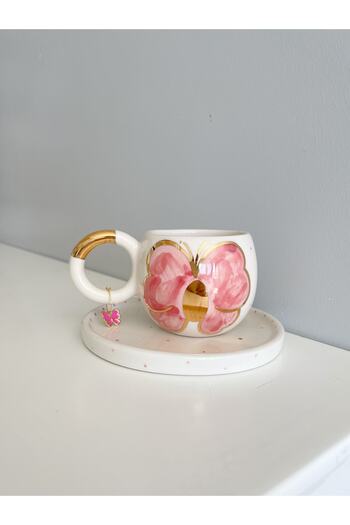 Mugtasarım 24K Gold Gilded Handmade and Hand-Painted Double Turkish Coffee Cup Pink Butterfly