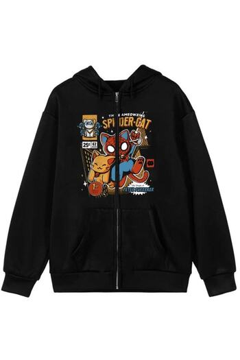 Touz Spider-Cat Printed Oversize Zippered Black Unisex Hooded Cardigan