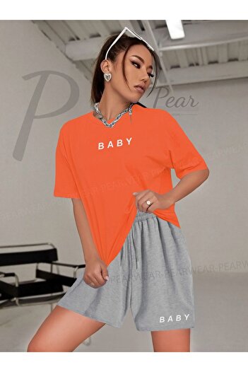 Pear Wear Women's Baby Printed Oversize T-Shirt Shorts Double Set