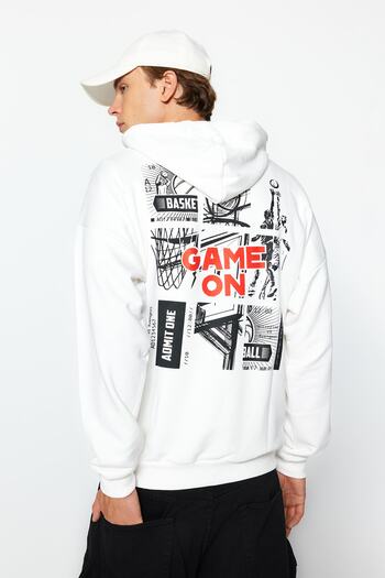 Trendyol Collection Ecru Oversize/Wide Cut Hooded Long Sleeve Basketball Printed Unmarked Sweatshirt Tmnaw24Sw00005