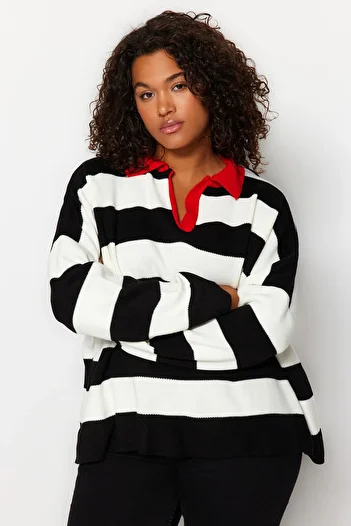 Trendyol Curve Red Polo Neck Striped Knitwear Sweater TBBAW23AN00045