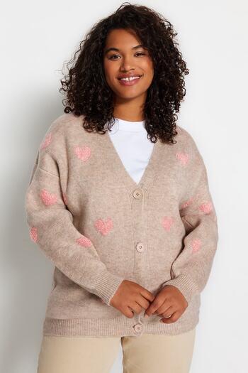 Trendyol Curve Ecru Heart Patterned Knitwear Cardigan TBBAW24AV00006