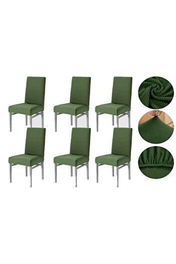 GüzelEvim Tekstil Likralı Pitikare Desen Haki yeşil Renkli Lastikli 6'lı Sandalye Kılıfı