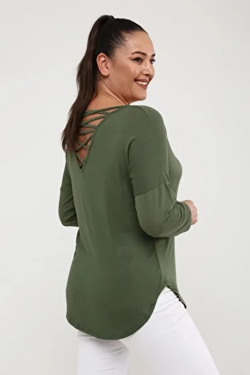 Curvy Trend Back Knit Piping Side Slit Long Sleeve Blouse