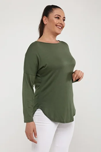 Curvy Trend Back Knit Piping Side Slit Long Sleeve Blouse