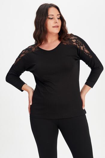 Moda Cazibe Women's Black Plus Size Robe Lace Detailed Long Sleeve Blouse
