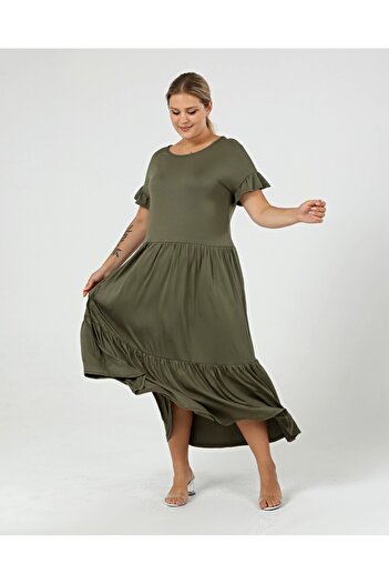 Curvy Trend Plus Size Gathered Block Ruffle Sleeve Dress