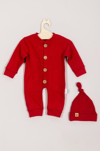 ADABEBEK 100% Cotton Wooden Buttoned Ribbed Hat Baby Romper