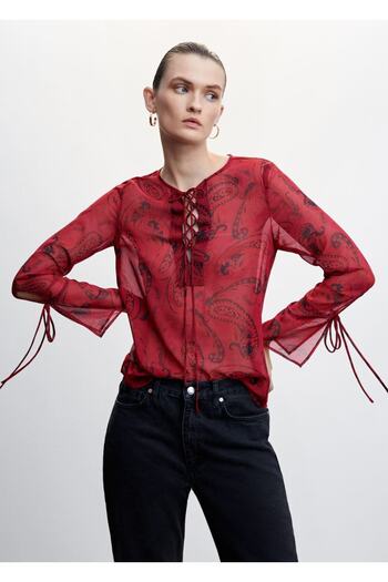 MANGO Woman Shawl Patterned Blouse with Tie Detail
