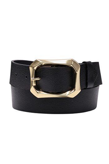 GoDeri Kadın Moda Gold Renk Tokalı, Tek Parça Yumuşak Hakiki Deri Siyah Kemer, 3.8 Cm, Ihraç Ürün=amz-08