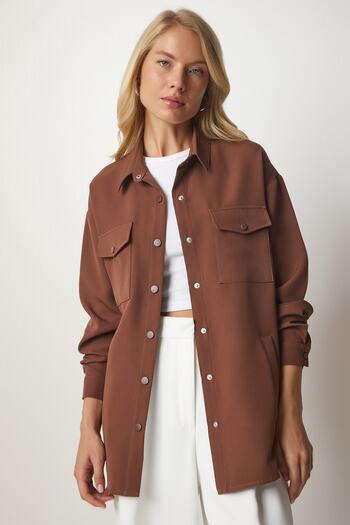 Happiness İstanbul Women's Brown Oversize Shirt Jacket with Pocket Detail DD01250