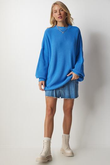 Happiness İstanbul Kadın Gök Mavi Oversize Basic Triko Kazak mx00126