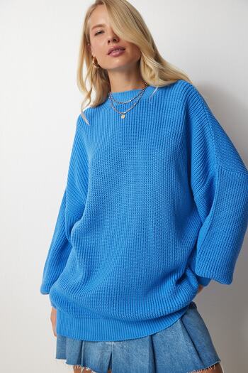 Happiness İstanbul Kadın Gök Mavi Oversize Basic Triko Kazak mx00126