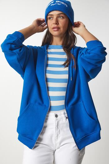 Happiness İstanbul Dámská modrá oversize mikina na zip s kapucí UB00124