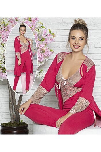 JENİKA Sabahlıklı Dantelli Pijama Takımı