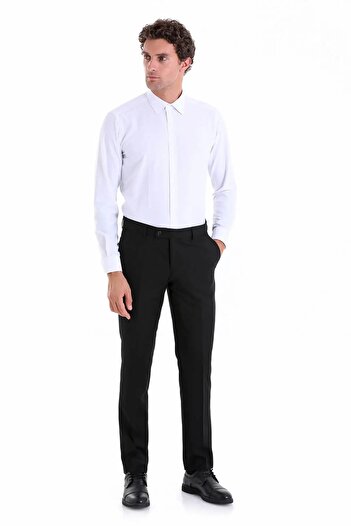 Hatemoğlu Λευκό Slim Fit Απλό βαμβακερό μακρυμάνικο πουκάμισο με λεπτή λαιμόκοψη