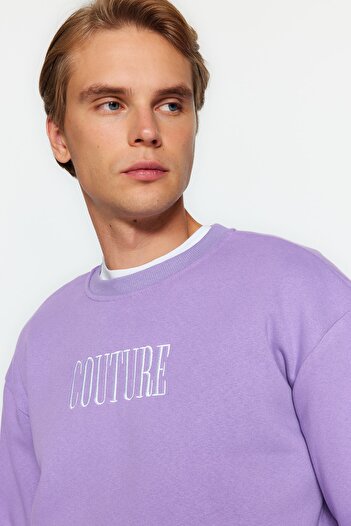 Trendyol Collection Бузковий вишитий світшот регулярного крою з флісу теплий TMNAW21SW1538