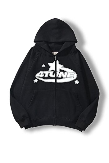 Touz Чорний кардиган унісекс 4 Tune Printed Oversize на блискавці з капюшоном