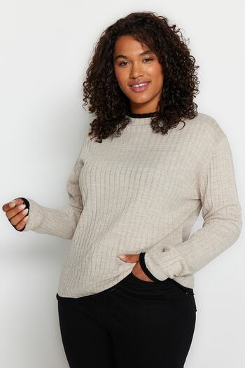 Trendyol Curve Beige Corded Collar Stripe Detailed Knitwear Sweater Tbbaw24An00029