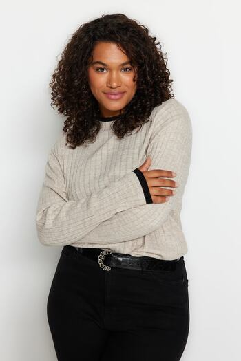 Trendyol Curve Beige Corded Collar Stripe Detailed Knitwear Sweater Tbbaw24An00029